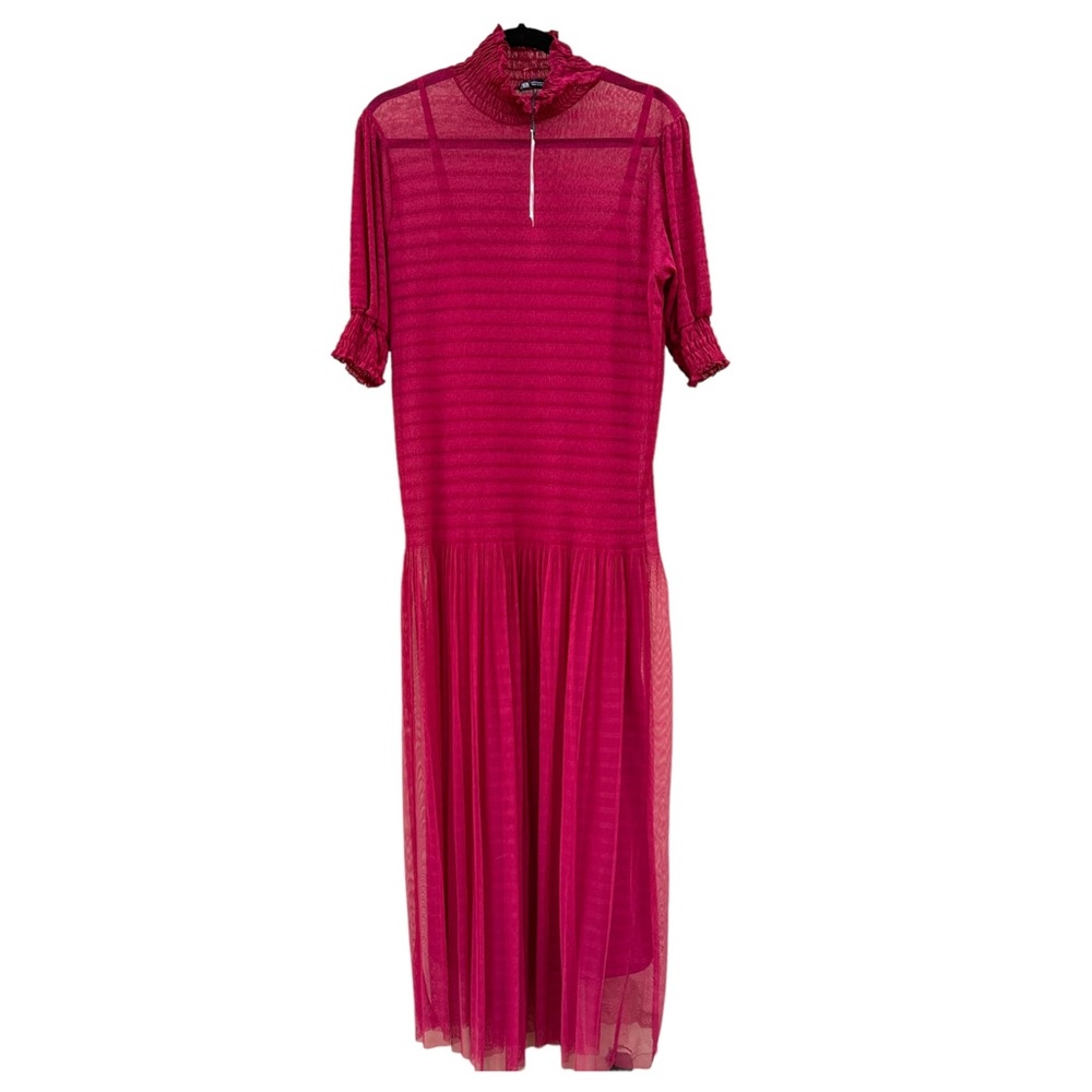 Zara Burgundy Semi Sheer Mock Neck Smocked Maxi Dress NWT Medium